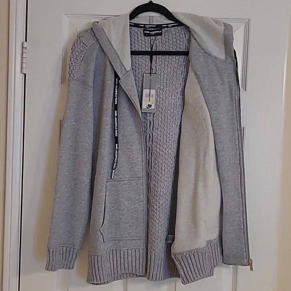 NWT Karl Lagerfeld Gray Hooded Sweater Jacket with Patches Size M - Picture 10 of 10